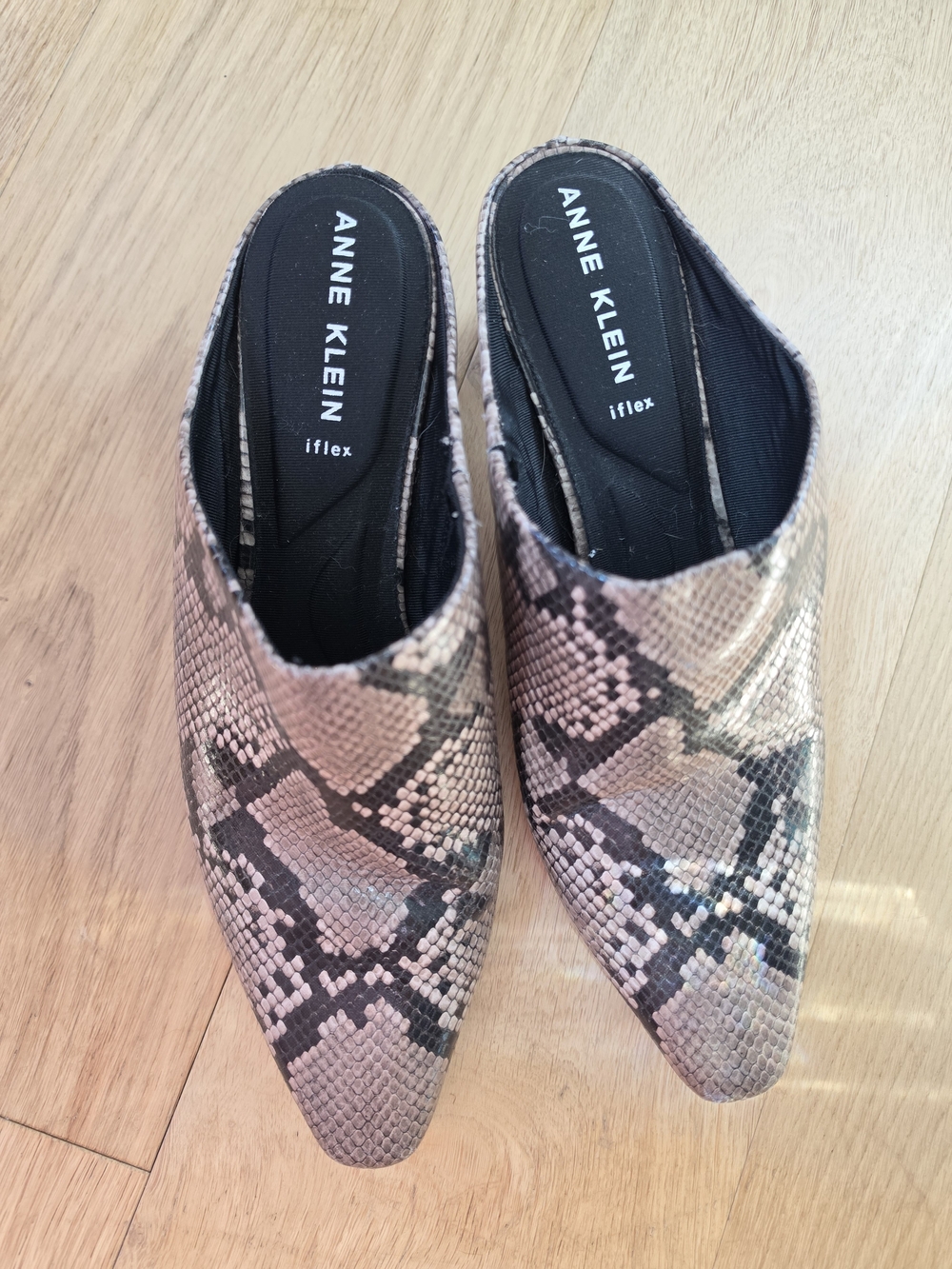 Snake-Print Slip-On Mules in Taupe and Black - Picture 2 of 5